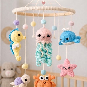 Ocean Baby Mobile Häkelanleitung, PDF, Meerestiere Mobile, Qualle Wal Schildkröte Seestern, Kinderzimmer Deko, Digital Download