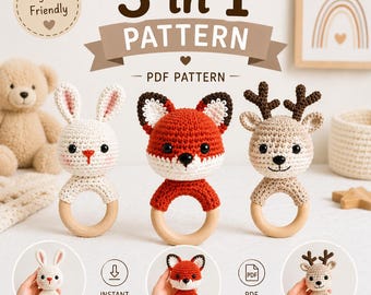 Woodland Baby Rattle Crochet Pattern PDF, Bunny Fox Deer Teether Pattern Bundle, Amigurumi Baby Toy Tutorial