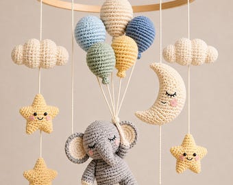 Elephant Crochet Baby Mobile Pattern PDF, Balloon Amigurumi, Nursery Crib Decor, DIY Baby Gift, Instant Download