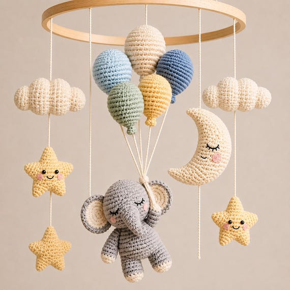 Elephant Crochet Baby Mobile Pattern PDF, Balloon Amigurumi, Nursery Crib Decor, DIY Baby Gift, Instant Download