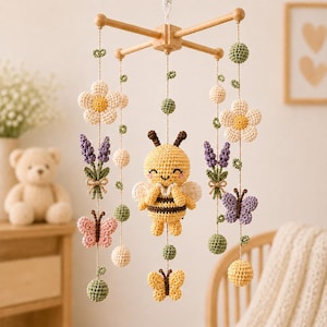 Häkelbienen Mobile Muster, Pdf, Amigurumi Bee & Lavender Kinderzimmer Mobile, anfängerfreundlich, DIY, mehrsprachig En De Es Fr