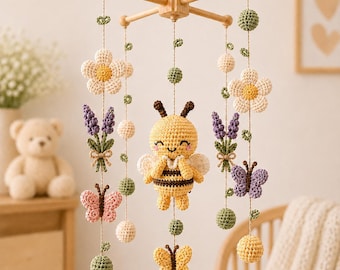 Crochet Bee Baby Mobile Pattern Pdf, Amigurumi Bee & Lavender Nursery Mobile, Beginner Friendly Diy, Multilingual En De Es Fr
