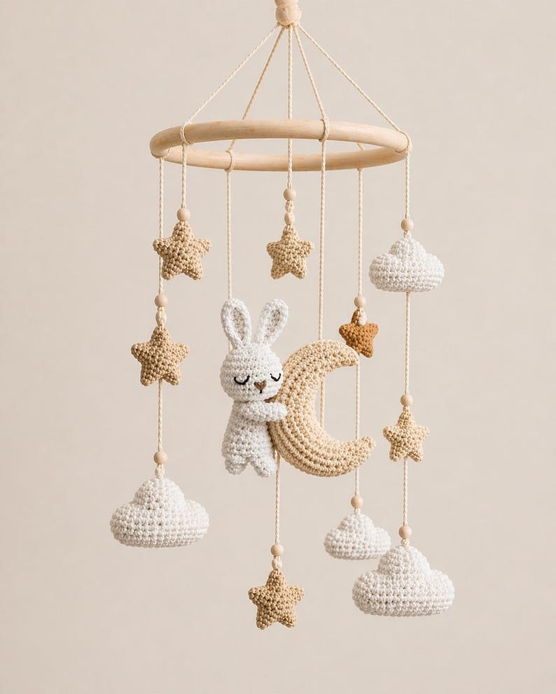 May include: A handmade baby mobile featuring a wooden ring with hanging crochet elements. The mobile includes a white bunny hugging a beige crescent moon, stars, and clouds in shades of beige and white. The mobile is suspended by natural-colored string.