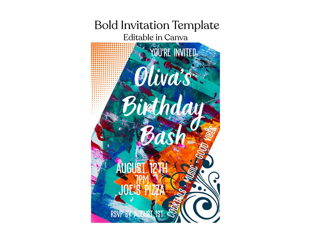 Bold Invitation Template, Editable Canva Party Invites, Birthday ...