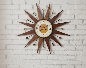 Mid Century Modern Starburst Clock: Copper Gold Sunburst Retro Atomic Wall Decor