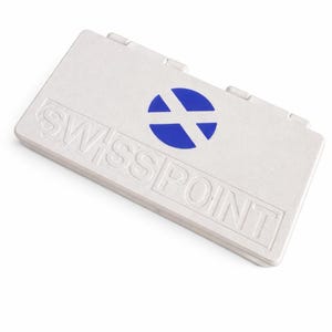 May include: An off-white plastic case with the embossed text "SWISS POINT" and a blue cross logo. The case has a hinged lid. It is designed to hold small items. The dimensions are in centimetres.