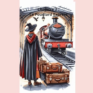 Peut inclure: Illustration à l'aquarelle d'une personne en robe et chapeau noirs sur un quai de gare, face à un train à vapeur rouge et noir. Des valises marron sont empilées à proximité. Le texte indique "Chapitre 2: Le Poudlard Express".