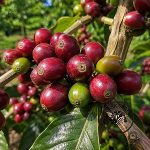 May include: A cluster of coffee cherries growing on a branch, featuring a mix of deep red, ripe berries and several firm, light green unripe ones. The smooth, round fruits are attached to a woody stem with large, dark green leaves visible below.