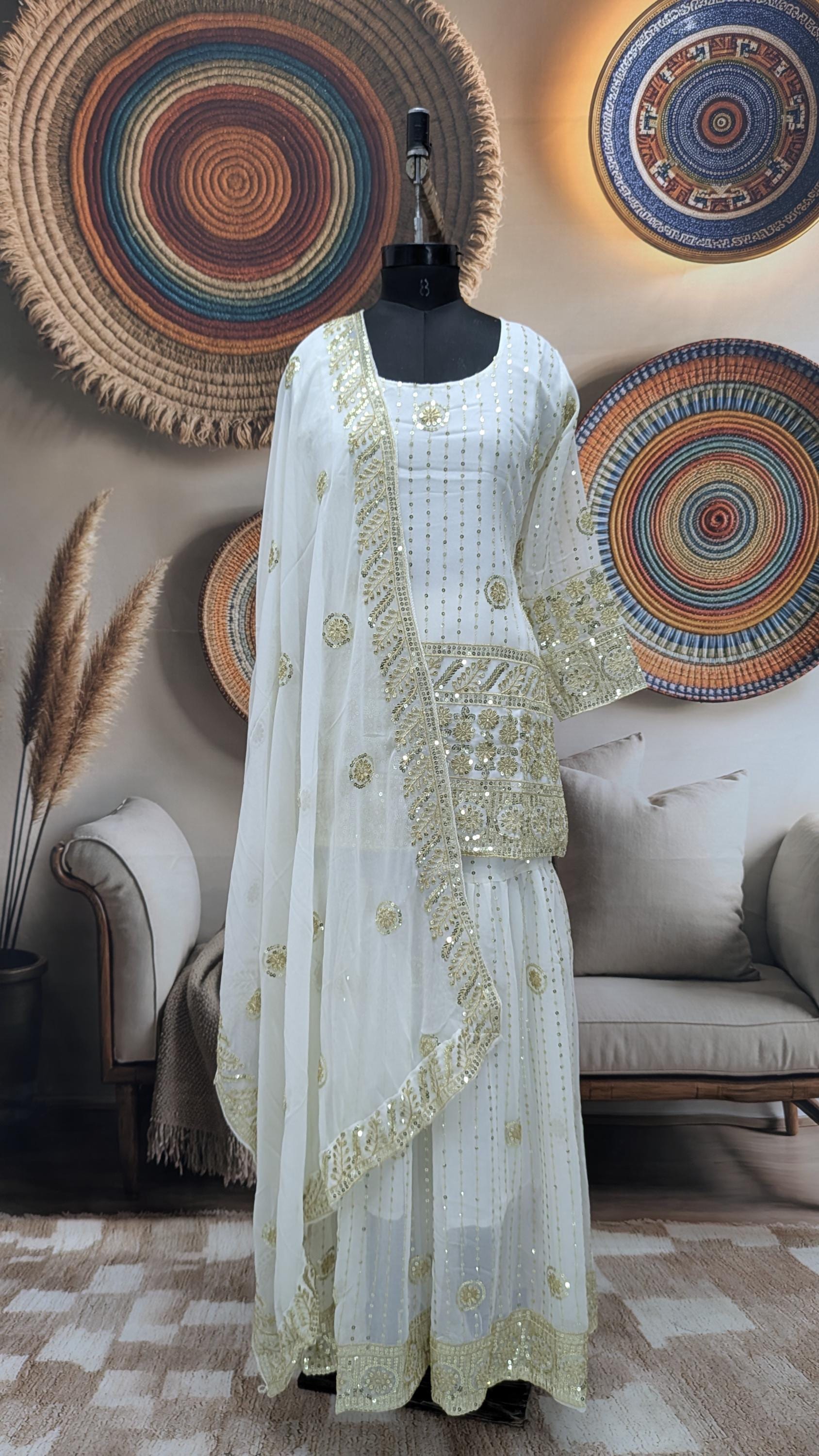 white and gold sharara dress White Gold Embroidered Sharara Suit Set Dupatta | Indian Wedding Festive Wear Pakistani Party Dress