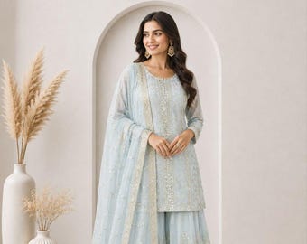 Light Blue Faux Georgette Sharara Set, Sequins Embroidery Wedding Wear Fully Stitched outfit