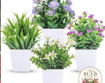 Set med 4 mini-krukor, lantlig skrivbordsdekoration, vårblommigt hem