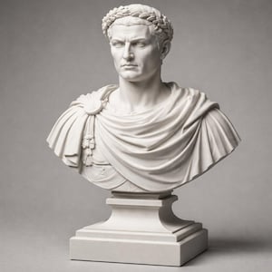 May include: A white marble bust of a Roman emperor, featuring a laurel wreath crown and draped toga. The sculpture is mounted on a square pedestal. The bust showcases detailed facial features and classical drapery, suitable for home decor.