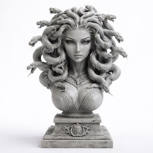 May include: A gray bust of Medusa, featuring intricately sculpted snakes in her hair. The sculpture has detailed facial features and is mounted on a square pedestal with decorative elements. The bust is a detailed representation of the mythological figure.