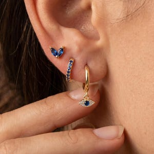 18K gold filled 3-delige oorbellenset, blauwe CZ Navette drop Hoop stud set, Pavé Huggie Hoops, sierlijke stapel oorbellen cadeau voor haar