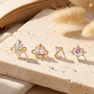 18K Gold Filled 4-Piece Earring Set, Opal CZ Celestial Earrings, Star Planet Huggie Hoops, Dainty Layered Ear Stack Jewelry