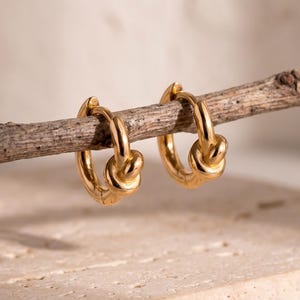 18K Gold Filled Huggie Earrings, Knot Detail Small Round Hoops, Minimalist Dainty Ear Jewelry, Modern Everyday Style, Stackable Piercing