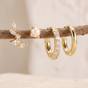 18K Gold Filled 4-Piece Earring Set, Pearl Crystal Hoop & Marquise CZ Stud Drop Earrings, Dainty Gold Stackable Ear Jewelry Gift for Her
