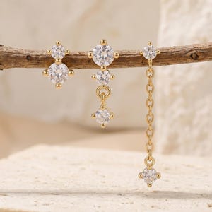 18K Gold Filled 3-Piece Earring Set, CZ Cluster Stud, Pavé Crystal Chain Drop & Long Dangle Earrings, Minimalist Ear Stack Gift for Her