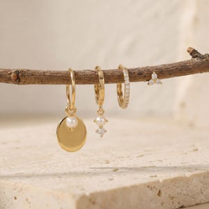 18K Gold Filled 4 Piece Earring Set, Pearl Drop  Earrings, CZ Huggie Hoop, Dainty Pearl Stud, Minimalist  Stack Jewelry Gift for Her