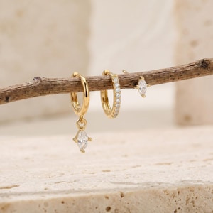 18K guldfyllda 3-delade örhängesset, Eleganta CZ-örhängen och Hoop Huggies, Marquise Drop Chain-örhängen, Minimalistiska örhängesmycken, Present till henne