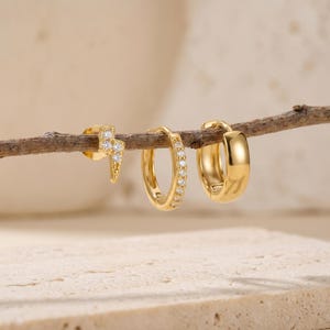 18K Gold Filled 3-Piece Earring Set, CZ Lightning Stud & Oval Huggie Hoops, Chunky Minimal Hoop Stack Earrings, Dainty  Jewelry Gift for Her