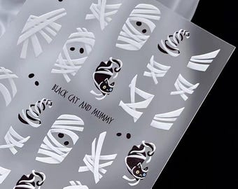 Pegatinas de uñas con diseño de gato negro y momia para fiestas de Halloween, calcomanías autoadhesivas para manicura espeluznante, decoración de uñas DIY para Halloween.