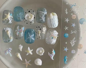 3D Holographic Ocean Nail Stickers & Charms,Mermaid Shell Starfish Nail Art Decals,Summer Beach Manicure Decor,Iridescent Bubble Nails
