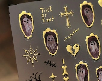 Adesivi per unghie 3D metallici con fantasmi in lamina d'oro per feste di Halloween, decalcomanie gotiche spettrali incorniciate, nail art autoadesiva dolce e cool Y2K