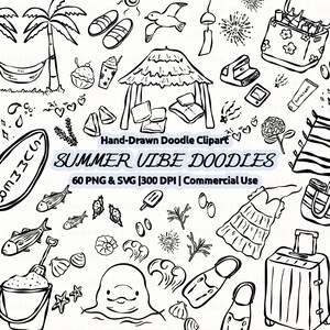 May include: Black and white hand-drawn doodle clipart with a summer theme. The image includes a surfboard, beach umbrella, fish, ice cream, and the text "SUMMER VIBE DOODLES". The image also includes the text "60 PNG & SVG | 300 DPI | Commercial Use".