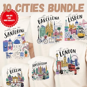 Puede incluir: Un paquete digital de 10 diseños para camisetas con ilustraciones coloridas de ciudades como Santorini, Barcelona, Lisboa, Londres, Ámsterdam y Berlín. Cada diseño incluye el texto meet me in seguido del nombre de la ciudad y sus monumentos.