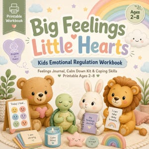 Puede incluir: Un cuaderno de trabajo de regulación emocional para niños titulado "Big Feelings Little Hearts". La imagen presenta un oso, una tortuga, un conejo y un león sosteniendo objetos como un diario y letreros. El cuaderno incluye un diario de sentimientos, un kit de calma y habilidades de afrontamiento para niños de 2 a 8 años.