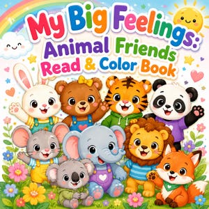 Puede incluir: Portada de libro infantil colorida titulada "My Big Feelings: Animal Friends Read & Color Book". Presenta animales de dibujos animados: conejo, oso, tigre, panda, ratón, elefante, koala, león y zorro, con un arcoíris y un sol.