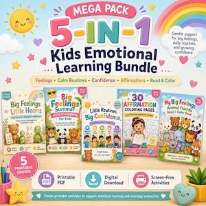 Puede incluir: Un paquete de aprendizaje emocional para niños 5 en 1 que incluye cinco libros de trabajo imprimibles titulados Big Feelings Little Hearts, Big Feelings Summer, Little Routines Big Confidence, 30 Affirmation Coloring Pages y My Big Feelings Animal Friends.