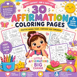 Puede incluir: Una colorida ilustración para un libro para colorear con afirmaciones para niños. La portada presenta a una niña sonriente sosteniendo un crayón, rodeada de dibujos de afirmaciones positivas, un arcoíris y un sol. El texto dice "30 páginas para colorear con afirmaciones."