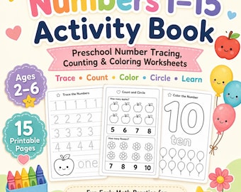 Numbers 1-15 Activity Book, Preschool Number Tracing Counting Coloring Worksheets, Toddler Math Printable