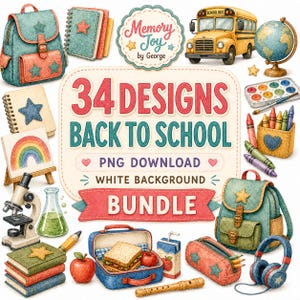 Puede incluir: Una colección digital de 34 ilustraciones con temática de regreso a clases que incluye un autobús escolar amarillo, un globo terráqueo, mochilas, cuadernos, un microscopio, un sándwich en una lonchera, crayones, un estuche y auriculares.