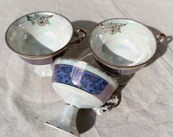 Vintage Japanese Lusterware Sherbet Tea Cups Set of 3 | Footed Dessert Bowls with Handles | Iridescent Porcelain Compotes