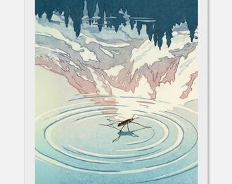 Lámina artística de un zapatero de agua / Paisaje botánico zen melancólico (póster mate enmarcado)