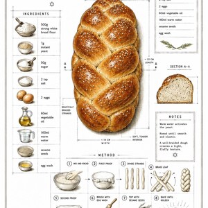 Challah Recipe Poster, Vintage Kitchen Wall Art, Classic Braided Bread Recipe, Jewish Food Art, Hebrew , Printable Kitchen Decor