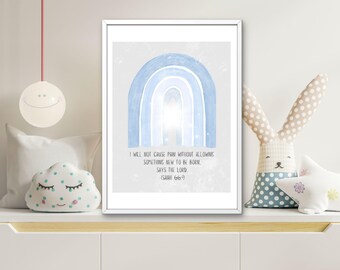 Decorazione murale stampabile per bambini con arcobaleno blu cristiano e versetto biblico
