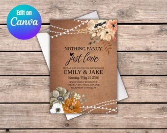 Invito di nozze personalizzabile, modificabile e stampabile in stile rustico country con decorazioni floreali e lucine scintillanti.