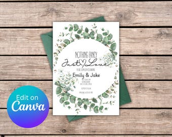 Invito di nozze semplice, modificabile e personalizzabile con un design a foglie verdi, pronto per il download immediato.