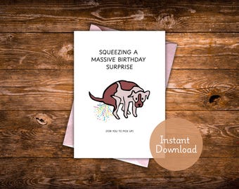 Divertente biglietto di auguri di compleanno con cane che fa la cacca, download immediato.
