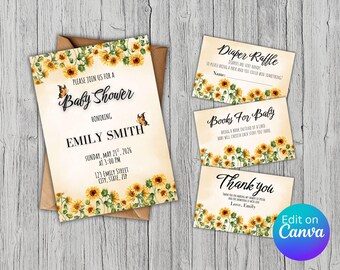 Pacchetto di inviti per baby shower a tema girasoli per bambina o bambino (download digitale) Modello Canva modificabile e stampabile