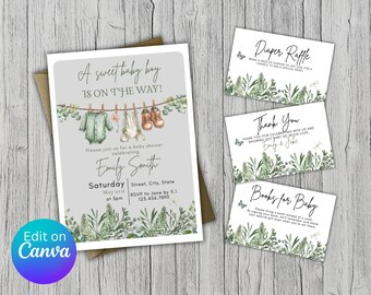 Pacchetto per baby shower per maschietto (download digitale): modello Canva stampabile e modificabile da casa.