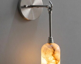 Aplique de parede moderno em alabastro, luminária de parede em latão, aplique minimalista com braço articulado, abajur com cúpula de mármore, iluminação de cabeceira, luminária de parede de meados do século XX