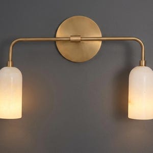 Brass Double Wall Sconce Lighting, Alabaster Shade Vanity Light, Mid Century Modern Bathroom Fixture, Gold Wall Lamp, Minimalist Home Décor