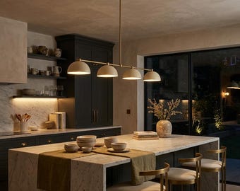 Lustre linear moderno em latão com cúpula, luminária pendente minimalista para sala de jantar, luminária para ilha de cozinha estilo meados do século, luminária suspensa escandinava.