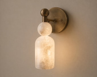 Aplique de parede em alabastro com acabamento em latão, iluminação moderna para penteadeira, cúpula de vidro marmorizado, luminária de parede estilo meados do século XX, aplique para banheiro e quarto.
