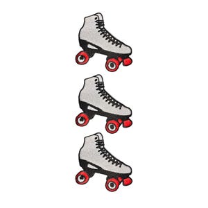 May include: Three embroidered patches, each featuring a white high-top roller skate with black laces, a black sole, and four bright red wheels. The skates are arranged in a vertical column, showcasing detailed stitching and a clean design.